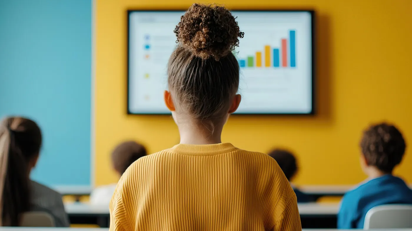 A shot of a students head looking at a classroom board with graphs on it