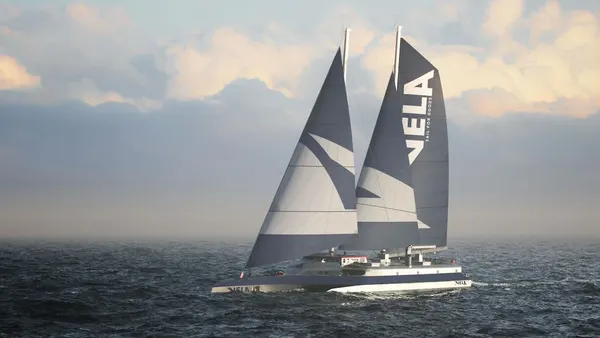 A visualization of a Vela trimaran sailboat on the open ocean