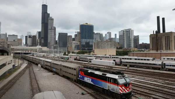 Metra train traveling rails near downtown Chicago, Illinois