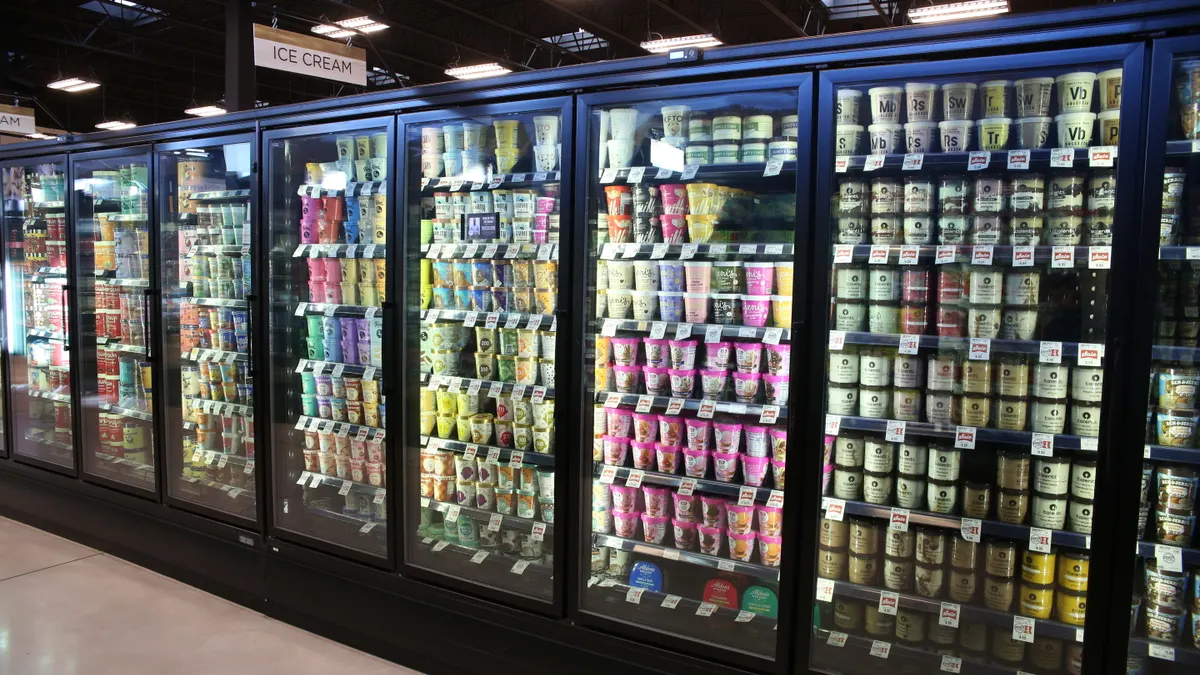 Ice cream in freezer cases.