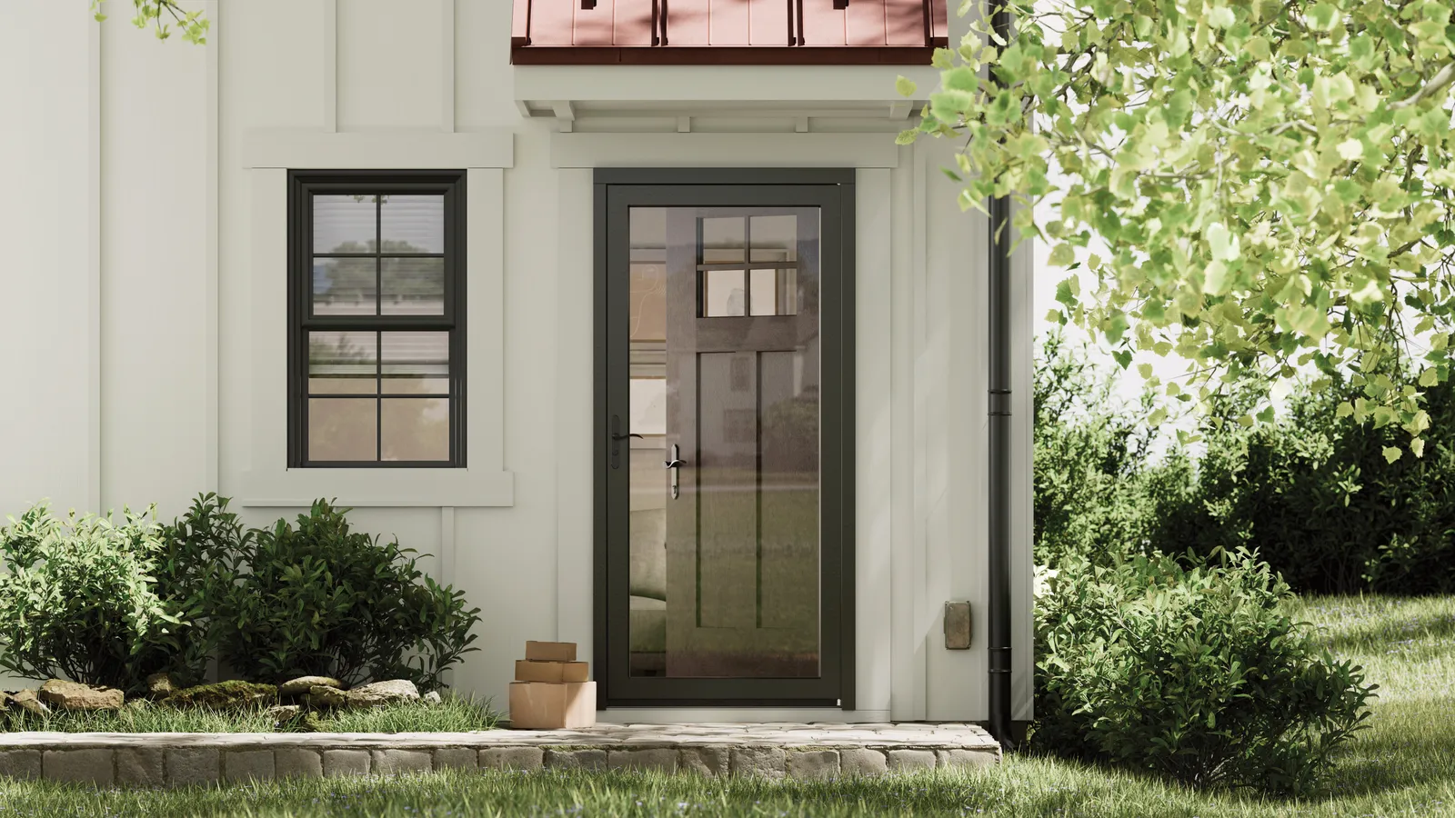 A front door with a storm door on the other side.