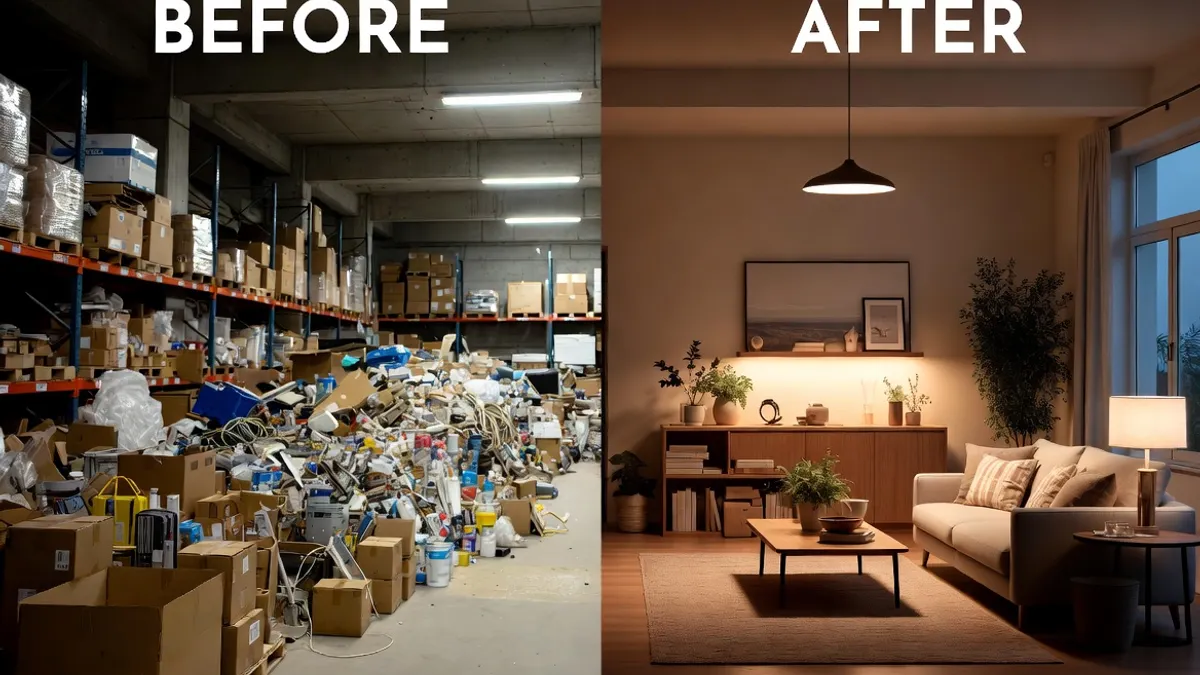 Before = messy storeroom, after= a clean living room