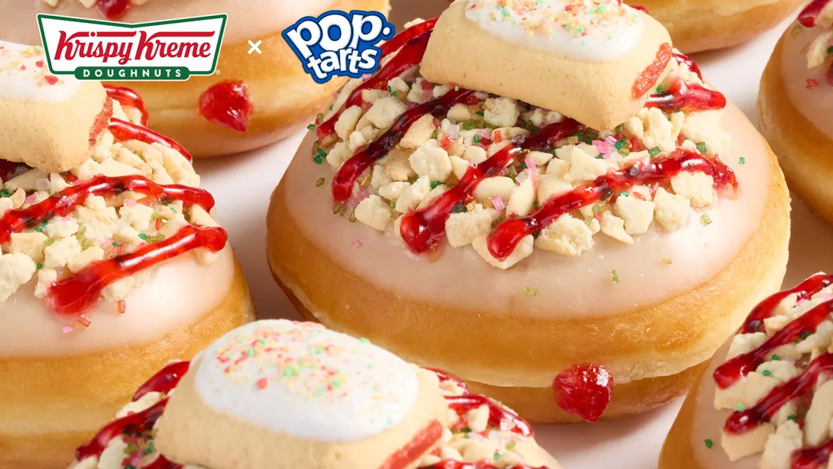 A closeup of a Krispy Kreme x Pop-Tart donut