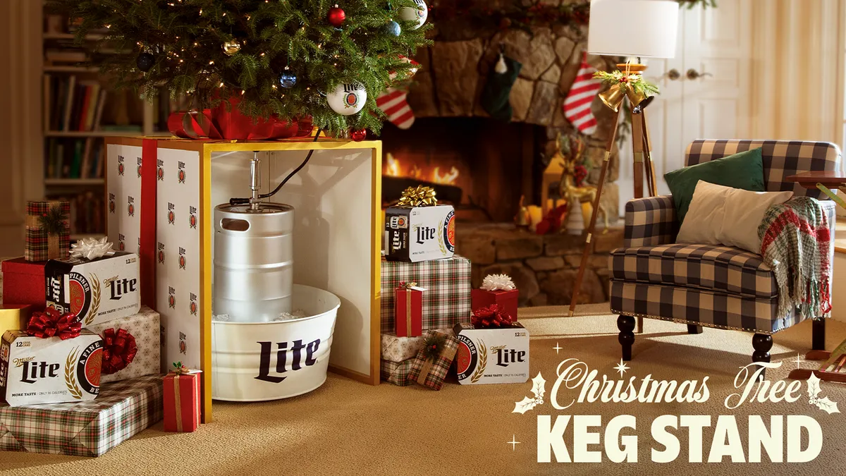 A Christmas tree sits atop a Miller Lite Tree Stand with a keg visible inside.