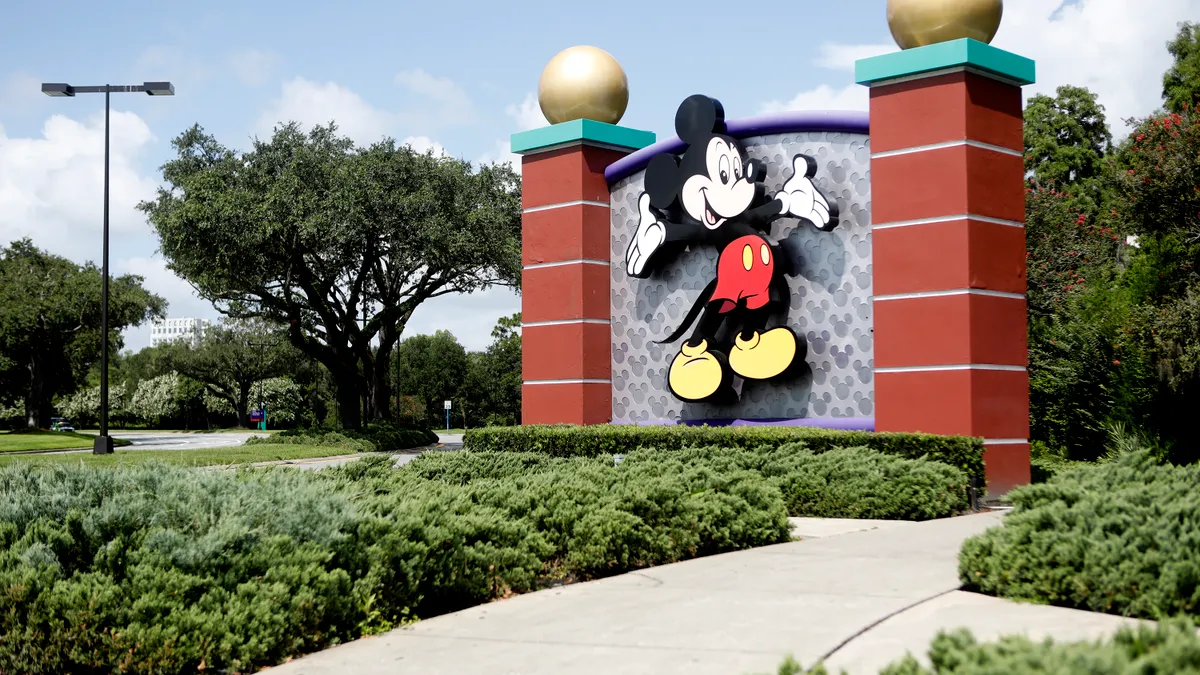 LAKE BUENA VISTA, FL - JULY 09: A view of Mickey Mouse at the Walt Disney World theme park entrance on July 9, 2020 in Lake Buena Vista, Florida.