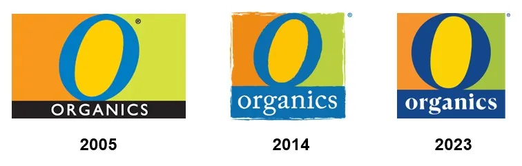 Three O Organics logos from 2005, 2014 and 2023.