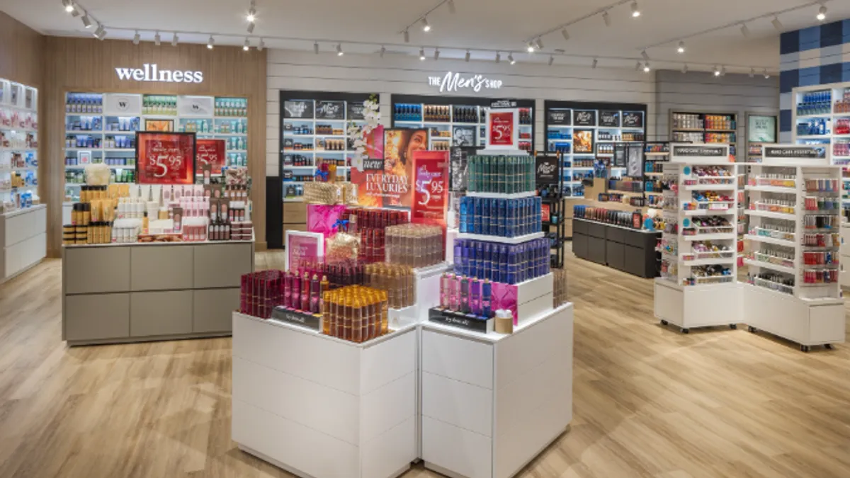 The interior of a Bath & Body Works with its Gingham+ store design.