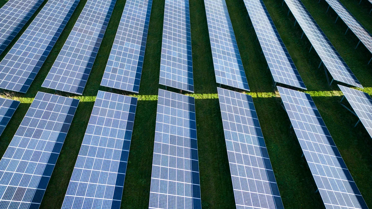 An aerial view of the Shotwick Solar Park in Deeside, Wales. The array of photovoltaic solar panels is spread over 250 acres and produces 72.2 mega watts per year.