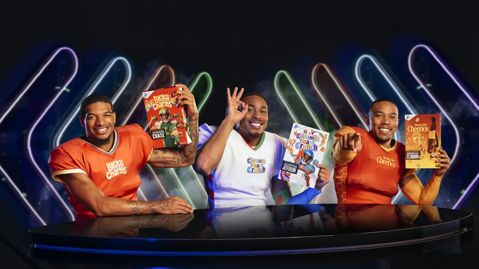 NFL wide receivers Ja’Marr Chase, Justin Jefferson and Amon-Ra St. Brown with General Mills cereal brands
