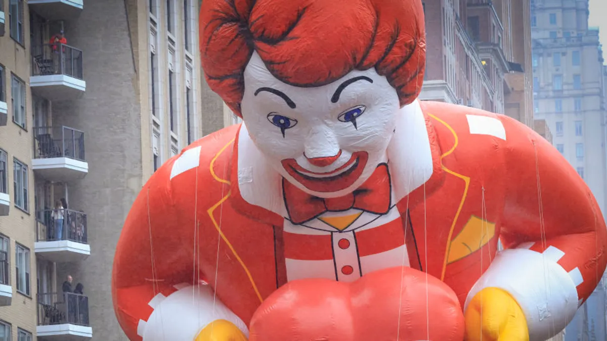 A photo of Ronald McDonald balloon at the Macy's Day Thanksgiving parade