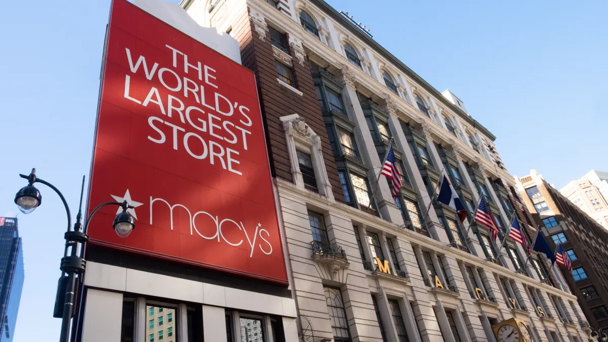 A light post sits just below the big red sign on Macy's flagship store.