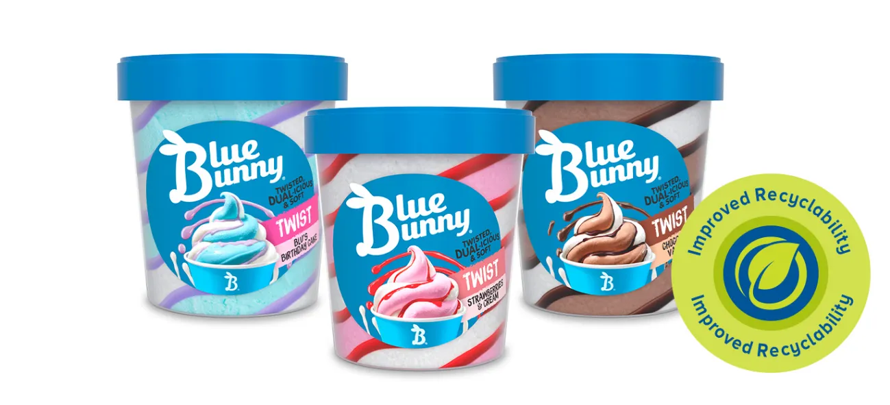 Three blue and white containers of different flavors of Blue Bunny ice cream.