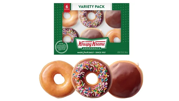 An image of three Krispy Kreme doughnuts and six in a box.