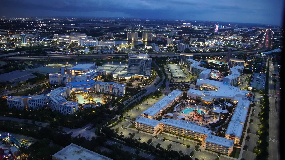 An aerial shot of hotels near Universal Studios at night.