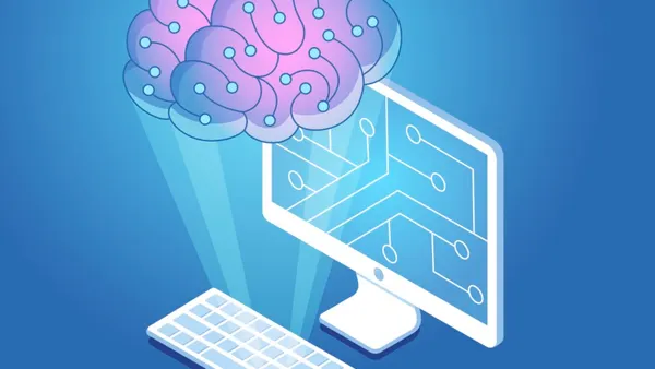 image of a brain coming out of keyboard in front of computer screen