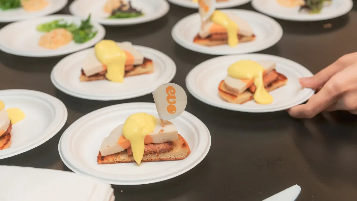 Evo Foods shows off its plant-based eggs in San Francisco in April 2022.