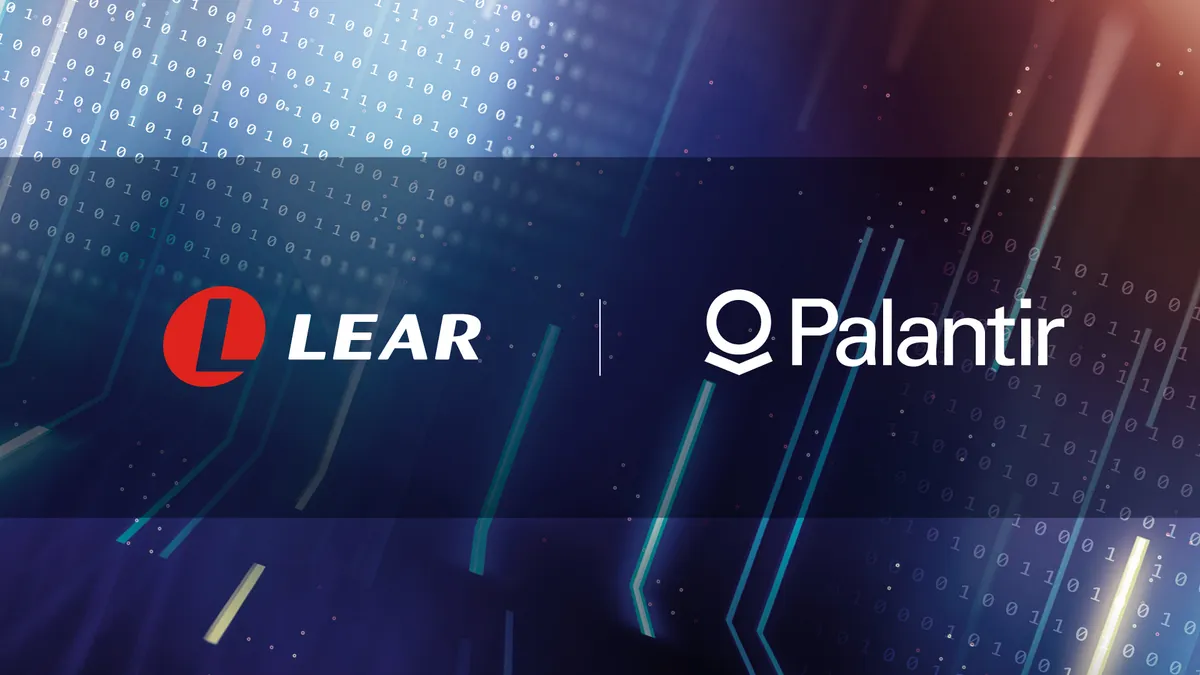 A blue graphic showing the corporate logos of Lear Corp and Palantir Technologies with binary numbers in the background.