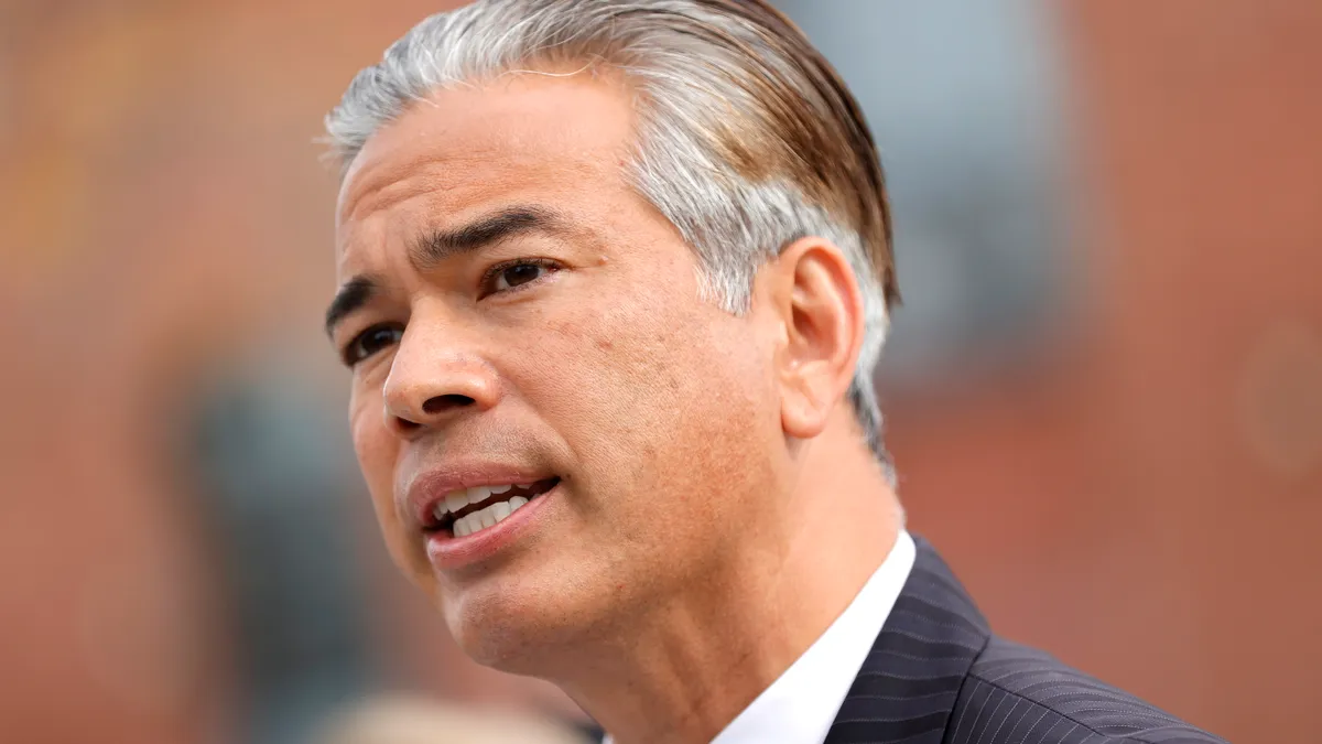 California Attorney General Rob Bonta speaks during a news conference outside of an Amazon distribution facility