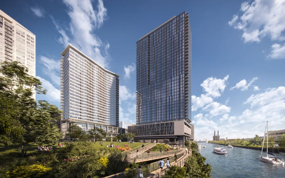 An apartment building on a river