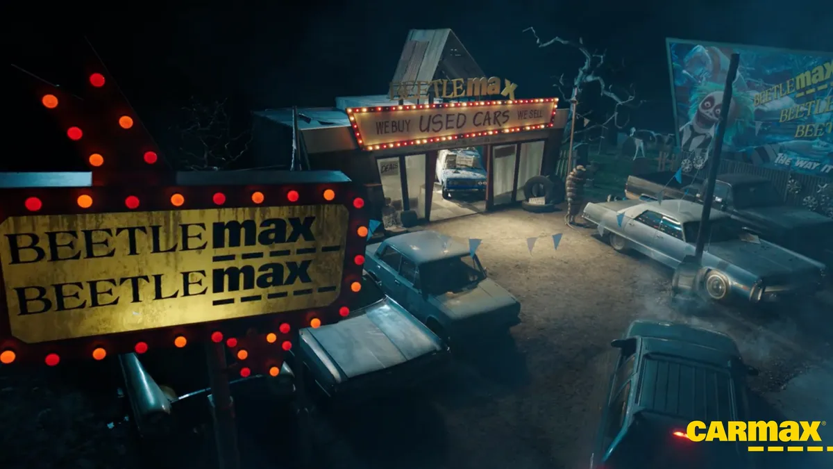 CarMax's "BeetleMax" campaign imagery which showcases the fictitious "BeetleMax" location.