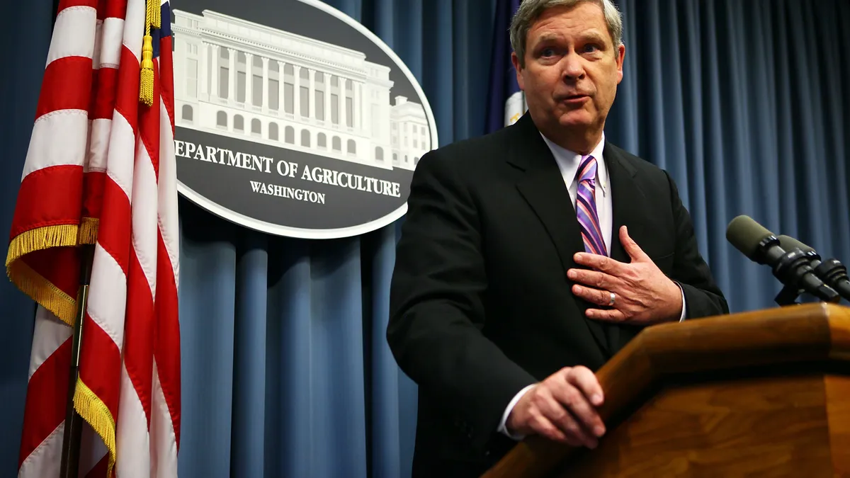 U.S. Agriculture Secretary Tom Vilsack speaks during a news conference at the Agriculture Department July 21, 2010 in Washington, DC.