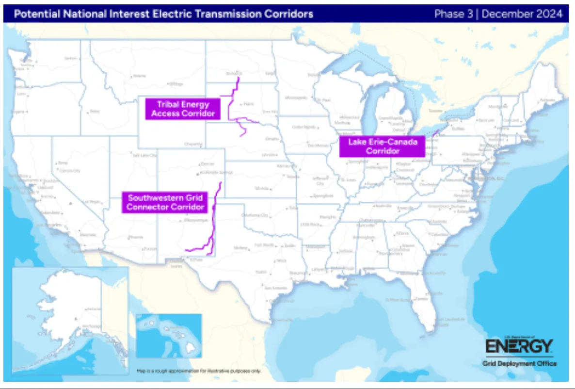 Map shows 3 potential corridors the U.S. Department of Energy may select for transmission expansion.