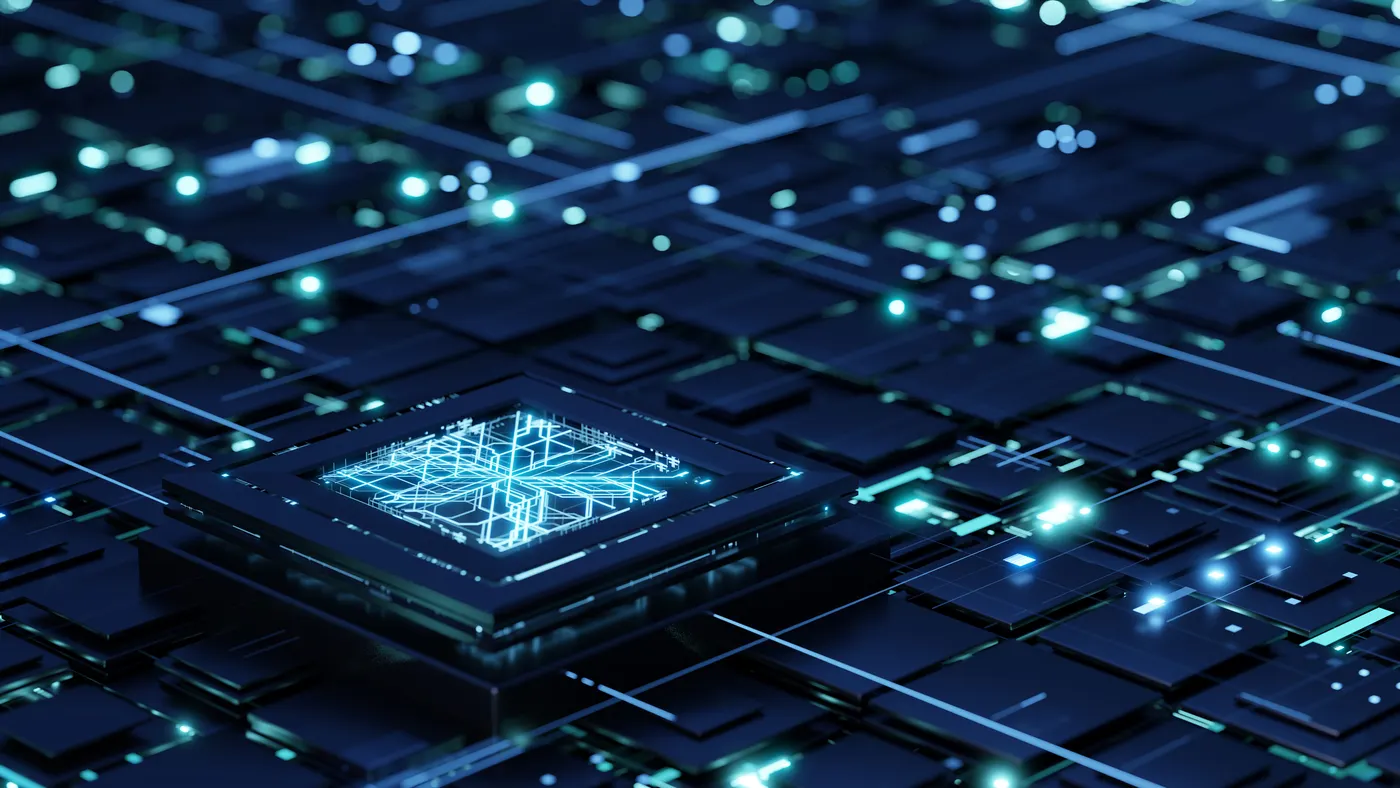 Futuristic central processor unit on the abstract motherboard with blue lights and rays as symbol of data transfers.