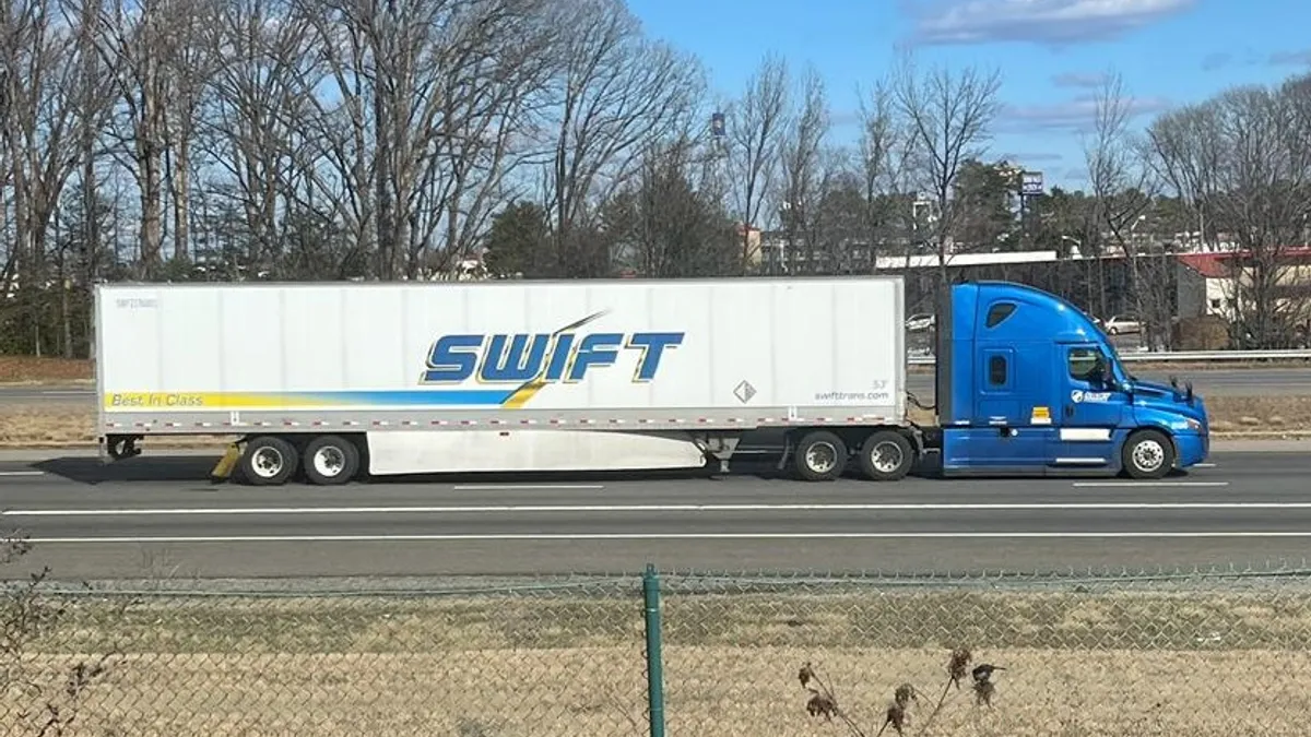 A Swift trailer is hauled on I-95 southbound in Virginia.