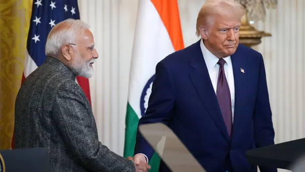 U.S. President Donald Trump shakes hands with India Prime Minister Narendra Modi at the White House on Feb. 13, 2025.