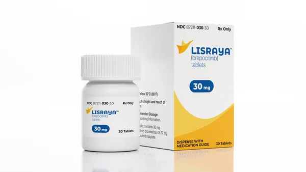 A bottle of brepocitinib, also known as Lisraya, Priovant's drug to treat the rare skin disease dermatomyositis.
