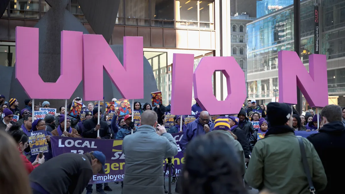 Workers hold a rally in support of a union in Chicago.