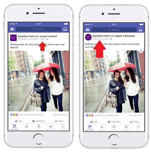 An example of Facebook's 'paid partnership' post tag