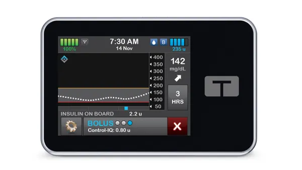 A square screen shows a graph of blood glucose levels and a bolus option.