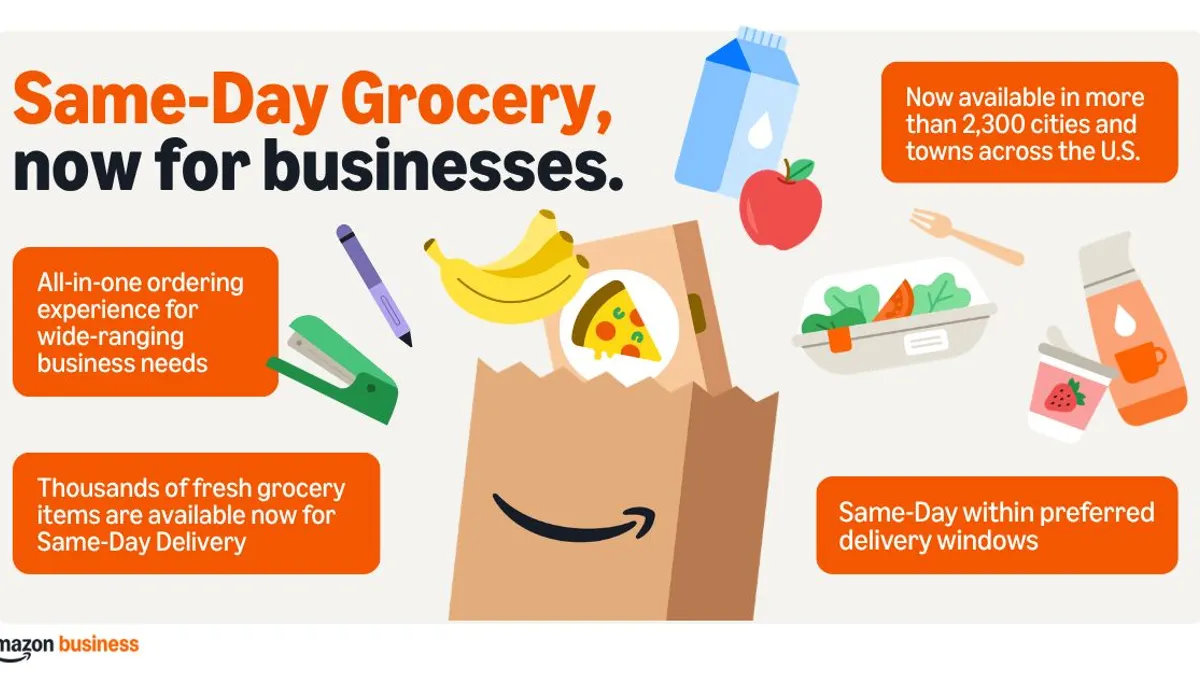 Graphic of brown grocery bag with Amazon arrow logo, groceries and office supplies coming out of the bag with bold font that says "Same-Day Grocery, now for businesses."