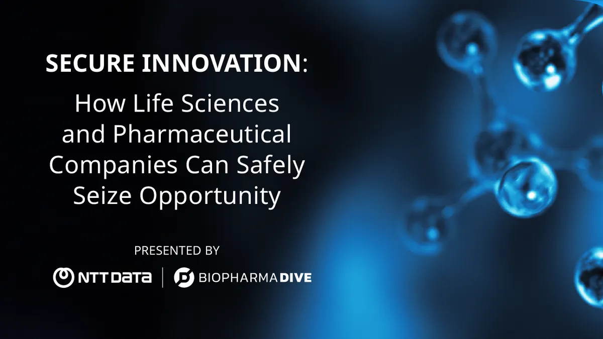 This image depicts the podcast series cover image for NTT Data's BioPharma Dive series, "Secure Innovation: How Life Sciences and Pharmaceutical Companies Can Safely Seize Opportunity"