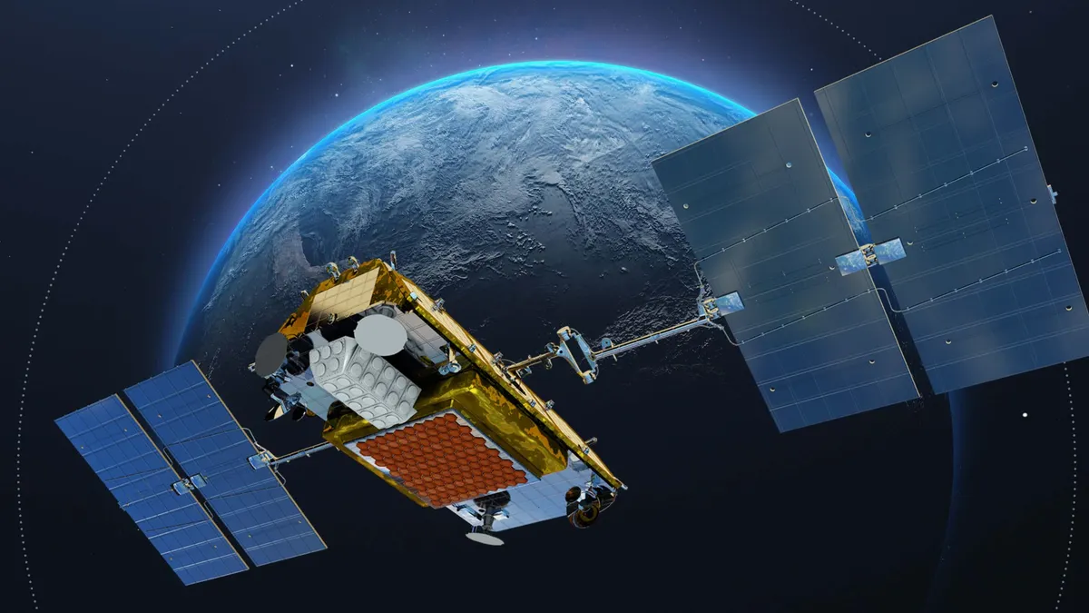 A satellite in front of a blue planet in space.