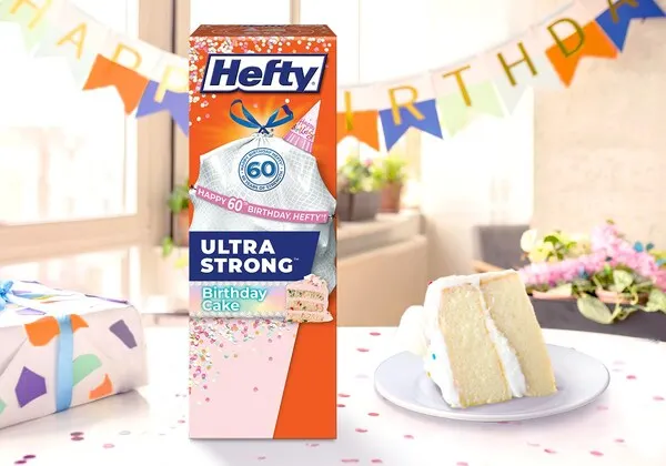 A brand image of Hefty's birthday cake trash bags
