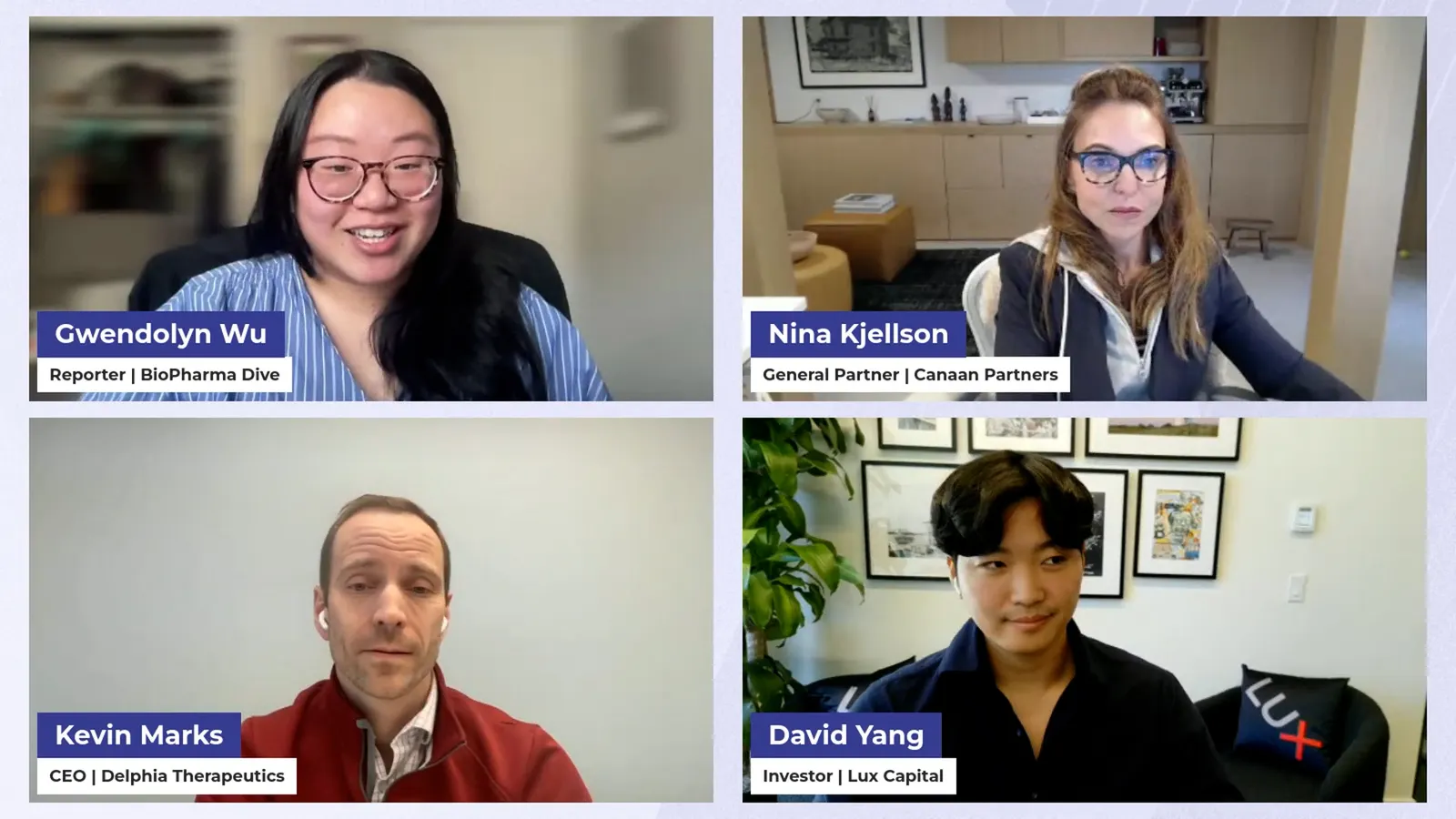 A screenshot of four people speaking on a virtual event.