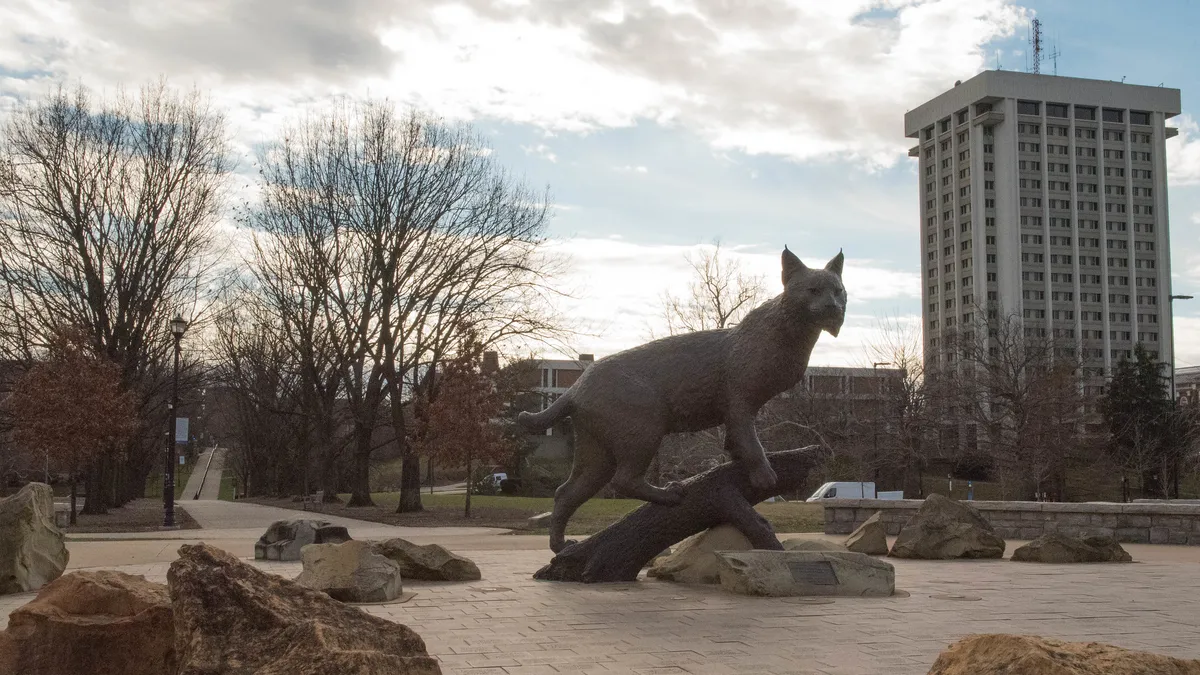 A statue of a wildcat is in the foreground in the sunset on the University of Kentucky's campus. Trees in the background have no leaves.