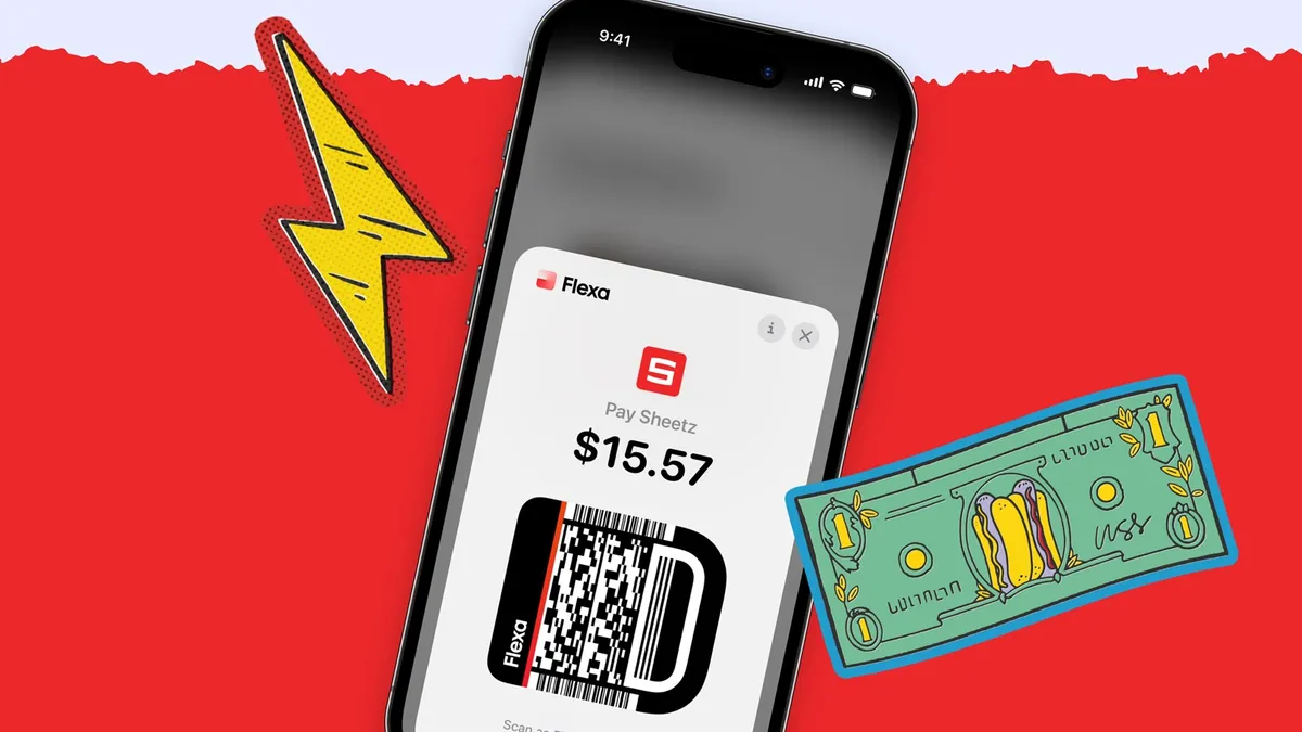 A graphic showing a photo of a mobile phone showing an open app. Text in the app says "Flexa" and "pay Sheetz $15.57" above a scannable code.  Illustrations of a dollar bill and lightning bolt .