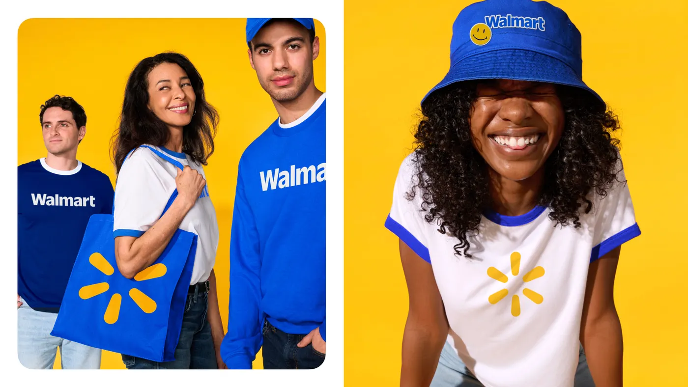 A diptych shows a trio of people sporting Walmart gear next to a photo of an individual wearing a Walmart bucket hat and T-shirt