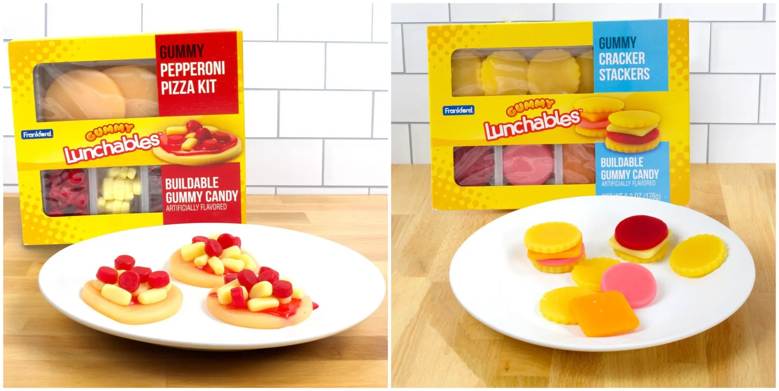 Two photos of products on counters: A box of Gummy Lunchables Pepperoni Pizza Kit with three mini pizzas on a plate on the left, and Gummy Lunchables Cracker Stackers with pieces on a plate at right.