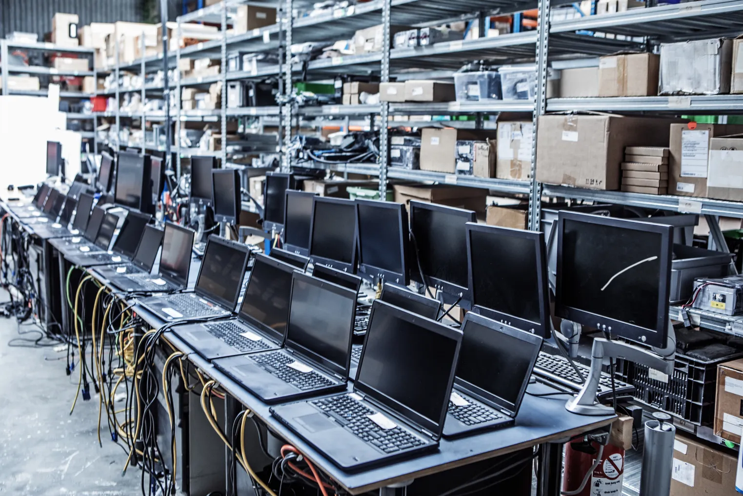 A warehouse storage of second hand, recycled, refurbished laptop computers and other technical equipment