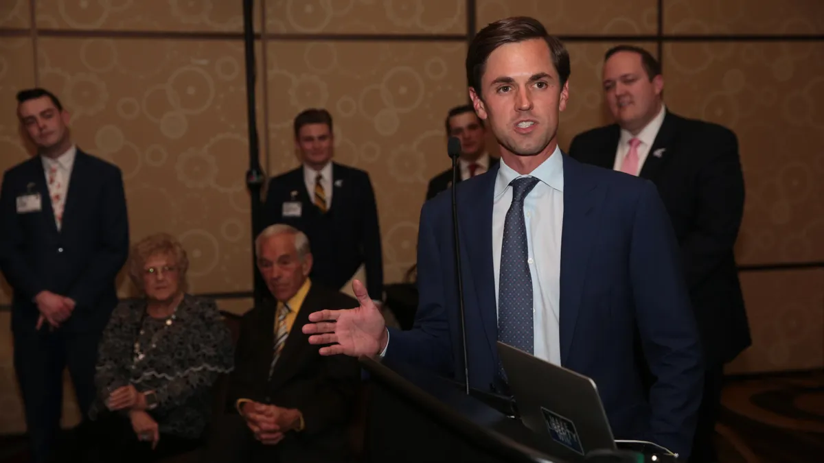 Texas Sen. Mayes Middleton speaks with his arm out in gesture