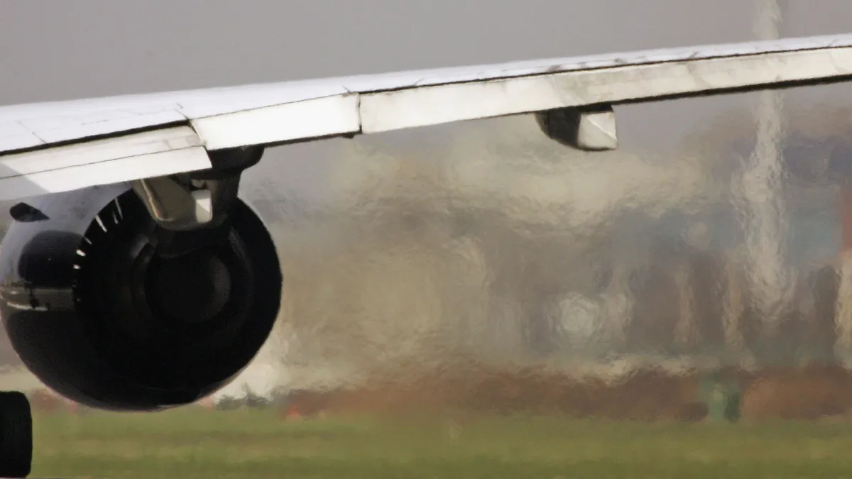 Closeup of a jet engine as plane is on runway.