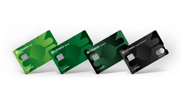 Four credit cards with "Citizens" branding are shown at an angle lined up side by side.