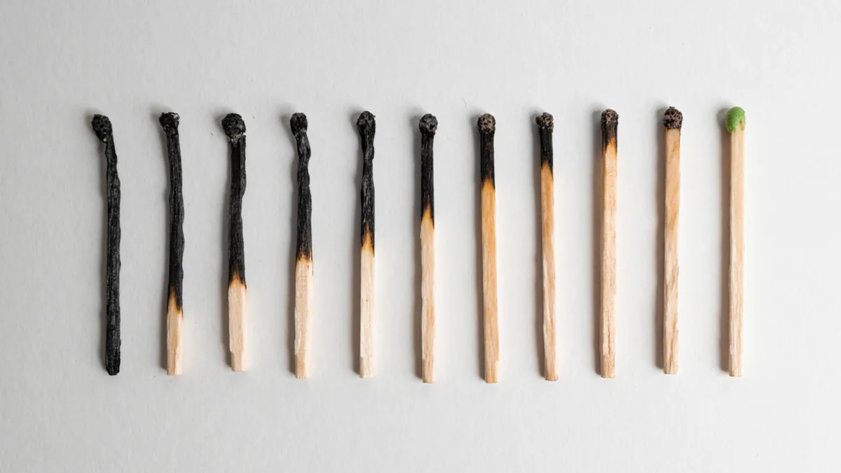 A row matches that are burned in varying degrees