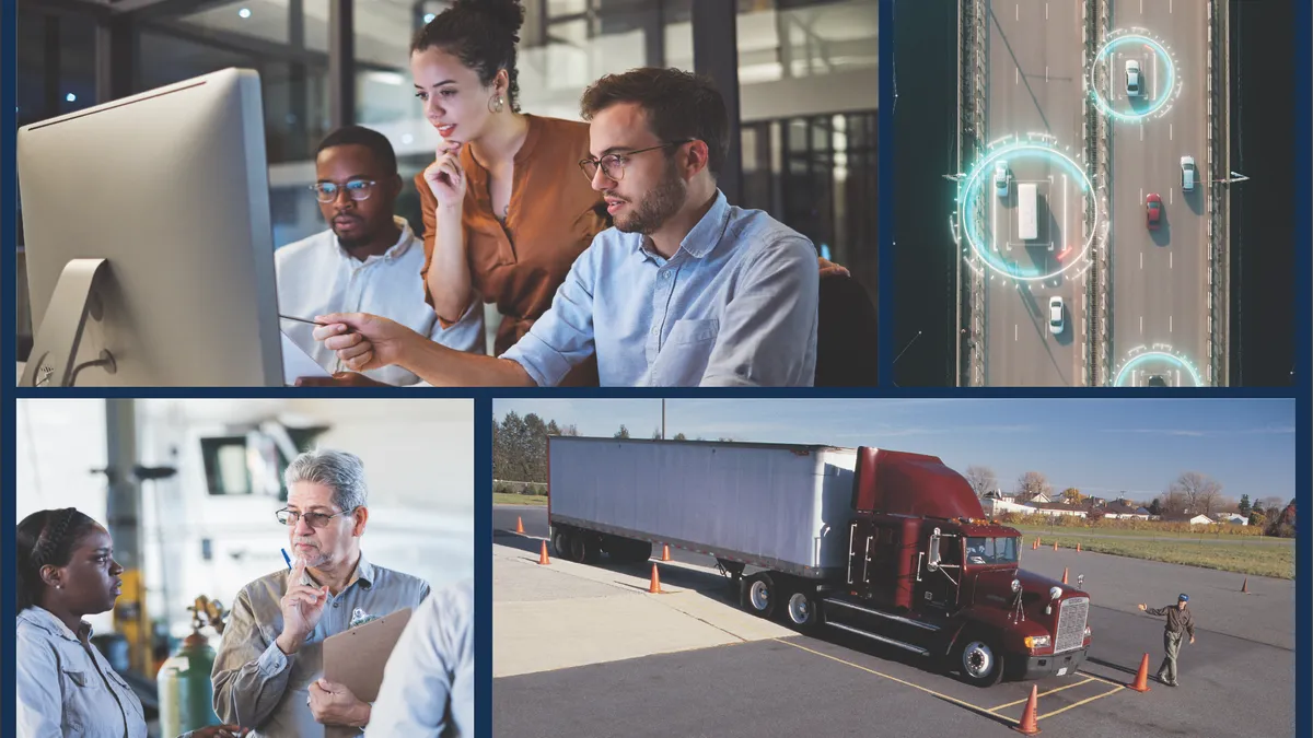 Collage of images of people working in office and truck.