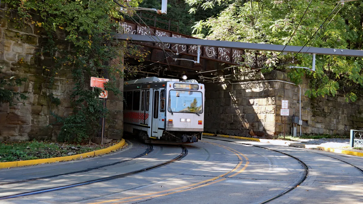 A white train emerges from a tunnel.