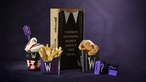 Wendy's Meal of Misfortune collaboration with "Wednesday" is displayed against a purple backdrop